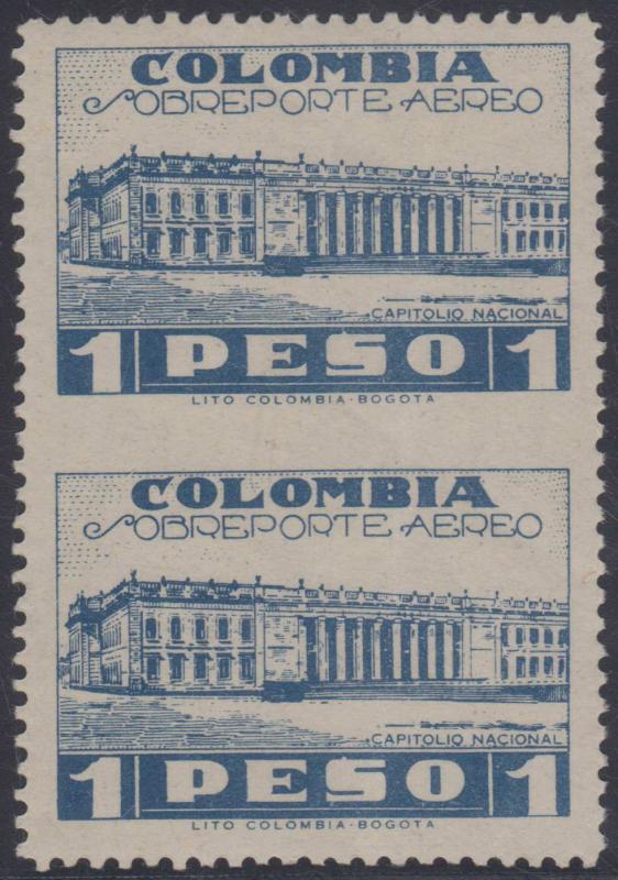 COLOMBIA 1945 Sc C143 KEY VALUE PAIR, HORIZONTALLY IMPERF HINGED MINT 