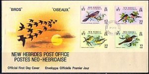 New Hebrides, French. Scott cat. 296-299. Various Birds issue. First day cover.