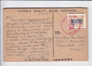 Canada Wood Post Card Mailed in 1987, Great Looking Eagle on Back