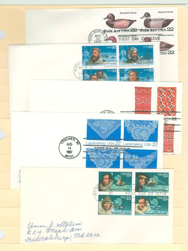 US 2138/2389 1985-88 5 FDCs; blocks of 4 FDCs,addressed, no cachets