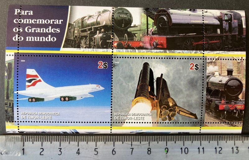 Timor Leste 2004 trains railways concorde aviation space shuttle m/sheet MNH 