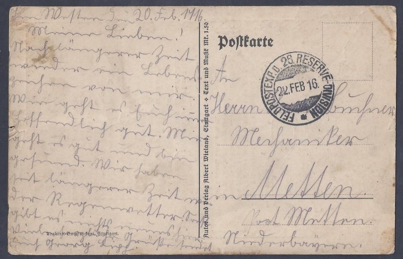 GERMANY 1916 WWI FIELDPOST EXP V28 RESERVE DIVISION SOLDIER MAIL ON PATRIOTIC PC