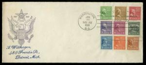 U.S. FDC #839-#847 on one Planty #P6a Fidelity Cachet Washington, DC