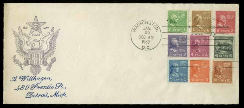U.S. FDC #839-#847 on one Planty #P6a Fidelity Cachet Washington, DC