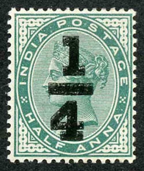 INDIA SG110a 1898 1/4 on 1/2a blue-green Error surcharge DOUBLE M/M