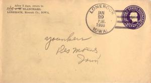 United States Iowa Lonerock 1938 4c-bar  1896-1950  Postal Stationery Envelope.