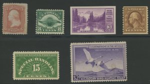 USA - 6 diff unused no gum stamps: 94, C4, 758, 457, QE2, RW17 - couple faults