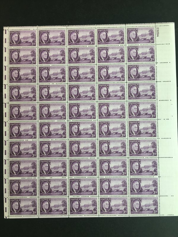 1945 sheet of postage stamps, 3 ¢ Roosevelt, Sc# 932