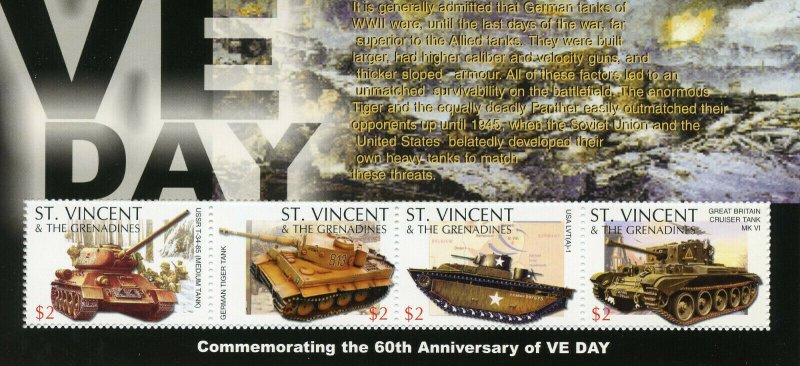 St Vincent & Grenadines Stamps 2005 MNH VE Day WWII WW2 Military Tanks 4v M/S