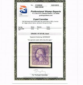 EXCEPTIONAL GENUINE SCOTT #535 USED PSE GRADED VF-XF 85 APPARENT 98 2 CERTS