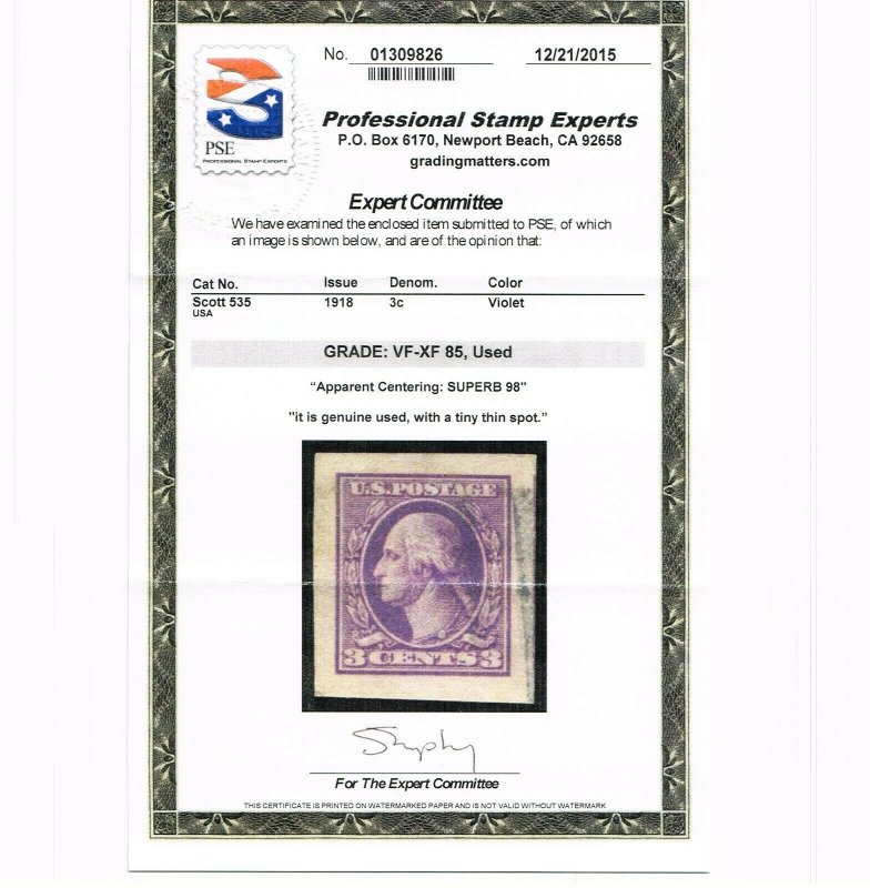 EXCEPTIONAL GENUINE SCOTT #535 USED PSE GRADED VF-XF 85 APPARENT 98 2 CERTS