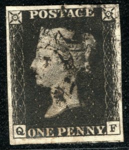 GB PENNY INTENSE BLACK QV Stamp SG.1 1d Plate 5 (QF) *VARIETY* Cat £525+ ORED66