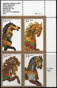 United States 2979a - Mint-NH - 32c Carousel Horses (Plate Block - UR) (1995)