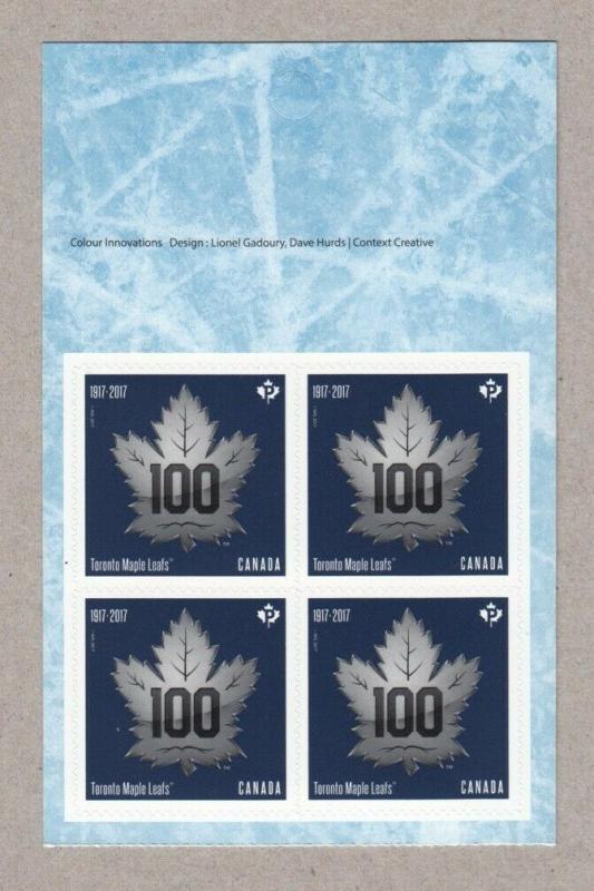 HOCKEY = 100th Ann MAPLE LEAFS = Booklet page of 4 stamps Canada 2017 MNH