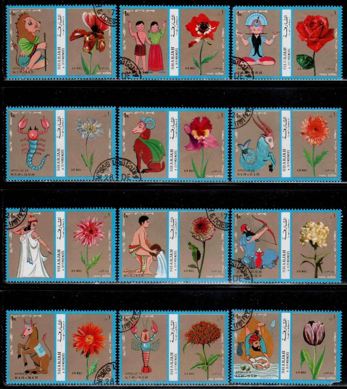Sharjah & Dep ~ Group of 12 Different ~ Zodiac, Flowers ~ CTO, NH, MX cond