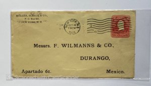 US LETTER FROM NY TO DURANGO MEX, EMBOSSED COVER MACHINE CODED CANCEL, 1905