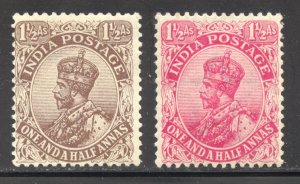 India Scott 102-03 Unused HOG - 1921-26 1½p King George V - SCV $10.00