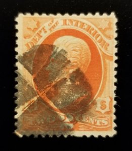 1873 2c Official Department of Interior Stamp, Vermilion, Jackson Scott O16 Used