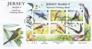 Jersey 2011,  Summer visitor Birds souvenir sheet. on FDC