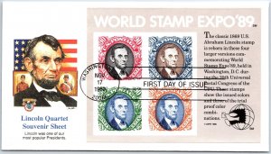 US FIRST DAY COVER LINCOLN QUARTET SOUVENIR SHEET AT WORLD STAMP EXPO 1989