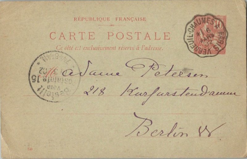 France 10c Rights of Man Postal Card 1902 Verneuil-Chaumas a Paris to Berlin,...