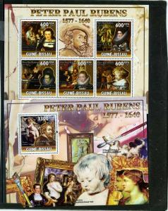 GUINEA BISSAU 2010 PAINTINGS BY PETER PAUL RUBENS SHEET OF 5 STAMPS & S/S MNH 