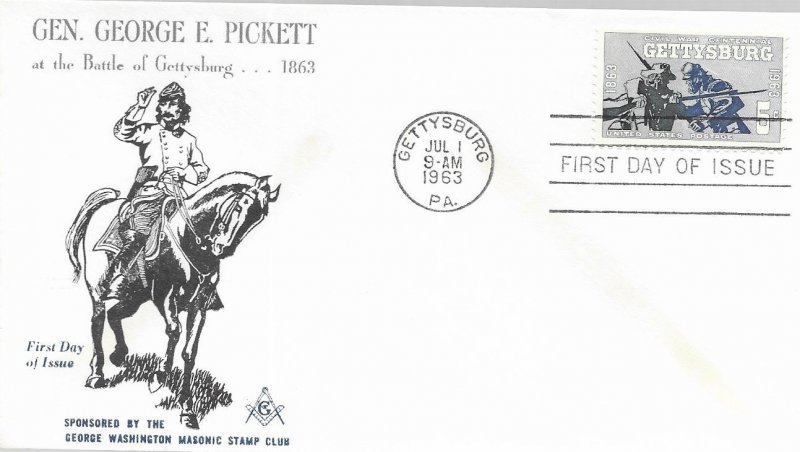 1963 FDC, #1180, 5c Battle of Gettysburg, George Washington Masonic Stamp Club