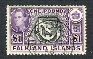 Falkland Islands 1938 KGVI. £1 black & violet. Used. SG163.