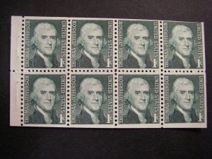 Scott 1278a, 1c Jefferson, pane of 8, dull gum, plain tab, MNH Booklet Beauty