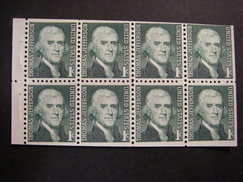 Scott 1278a, 1c Jefferson, pane of 8, dull gum, plain tab, MNH Booklet Beauty