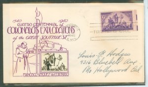US 898 1940 3c Coronado exploration/400th anniversary (single) on an addressed fdc with a Crosby cachet.