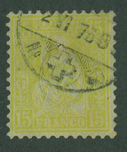 Switzerland SC# 54 Helvetia seated, 15c, perf 11-1/2, wmk 182 type I, Used