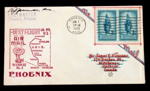 US #989 First Flight AM-93 Segment No. 3 PHOENIX Signed by Postmaster June 1, 50