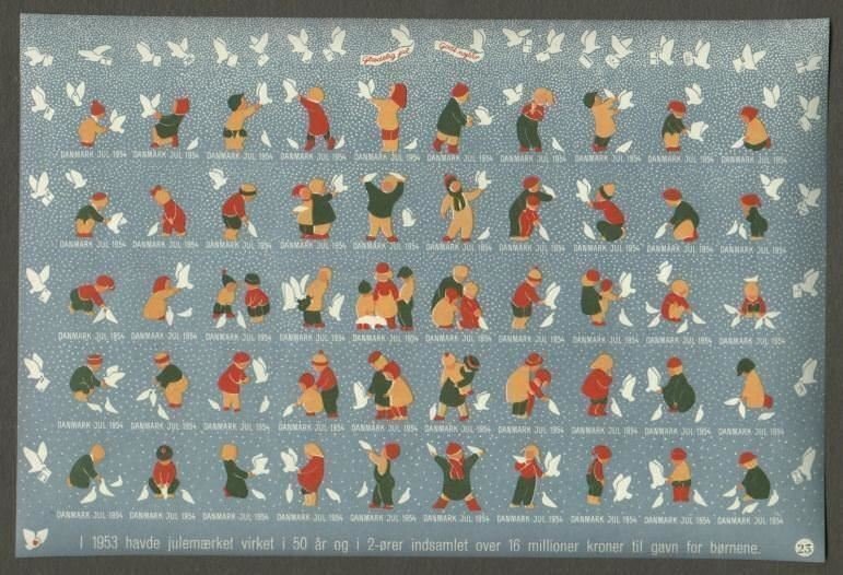 Denmark. 1954 Christmas Seals. Sheet. Mnh. Imperforated. Children, Pigeon