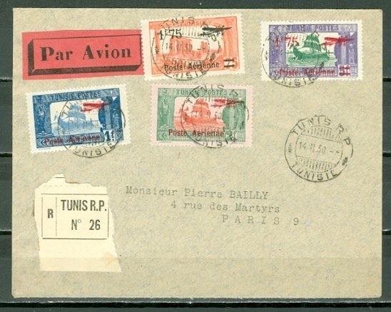 TUNISIA 1930 REG. AIR COVER TO PARIS...#C3-4-5-6