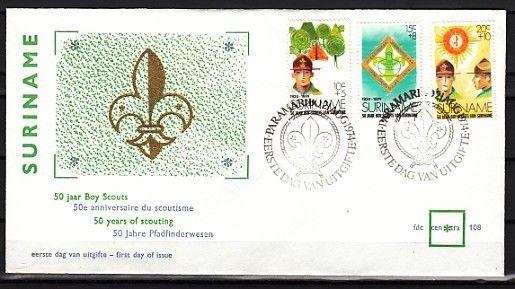 Suriname, Scott cat. B208-B210. 50th Scout Anniversary issue. First day cover. *