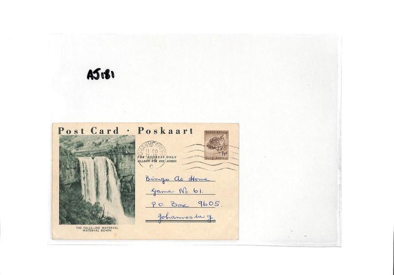 SOUTH AFRICA Illustrated 1½d CHEETAH Die Stationery Card 1958 *Waterfall* AJ181