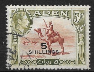 ADEN SG45 1951 5/= ON 5r RED-BROWN & OLIVE-GREEN USED