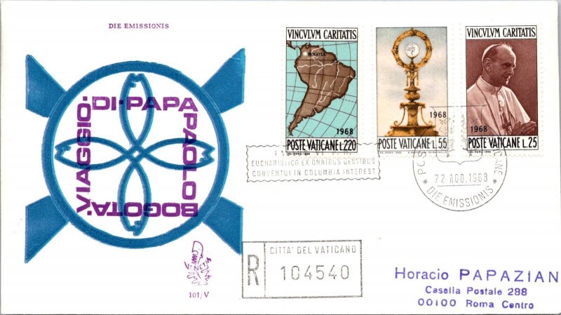 Vatican FDC 1968 - Bogota Trip Of Pope Paul, Registered Mail - F30757