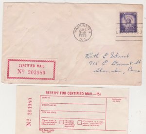 US 1955 CERTIFIED MAIL FIRST DAY COVER WITH MATCHING RECEIPT