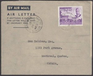 MAURITIUS 1951 GVI 25c on Formular aerogramme QUATRE BORNES to Canada.......U867