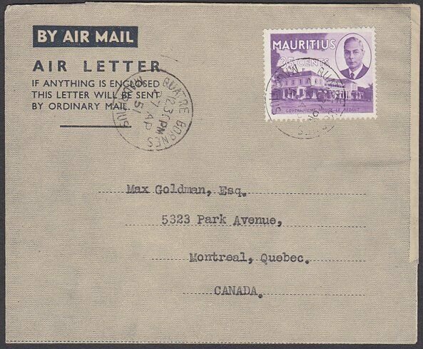 MAURITIUS 1951 GVI 25c on Formular aerogramme QUATRE BORNES to Canada.......U867 