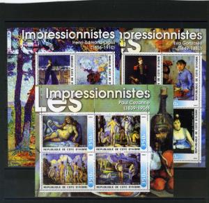 IVORY COAST 2003 PAINTINGS IMPRESSIONNISTES 3 SHEETS OF 4 STAMPS MNH