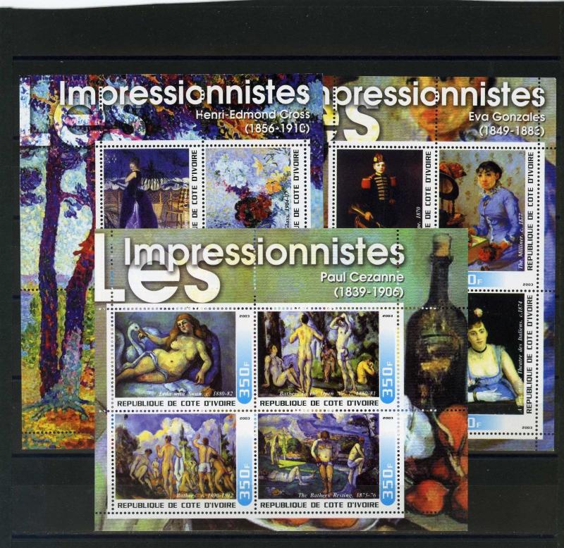 IVORY COAST 2003 PAINTINGS IMPRESSIONNISTES 3 SHEETS OF 4 STAMPS MNH