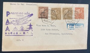 1937 Macau First Flight Airmail Cover FFC To San Francisco CA USA
