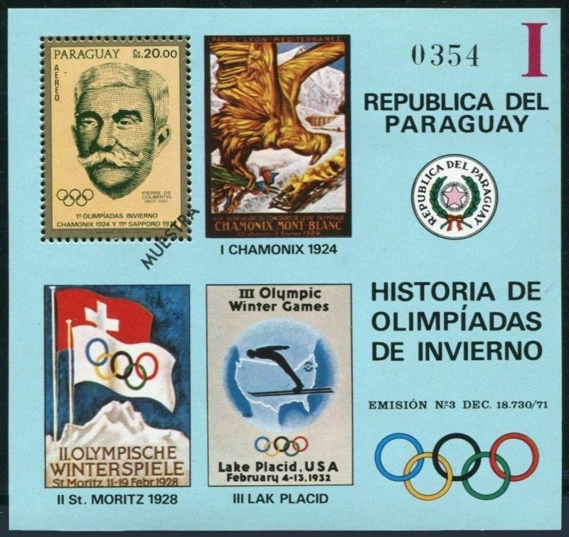 Paraguay C340-C343 Specimen,MNH.Mi Bl.182-185. History of Olympic Games,1972.