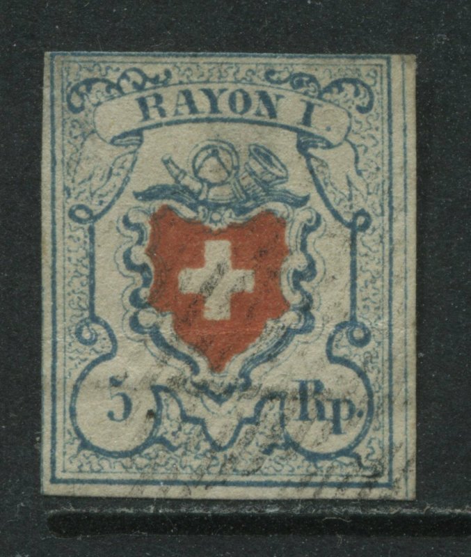 Switzerland 1850 5 rappen without frame around cross lightly used