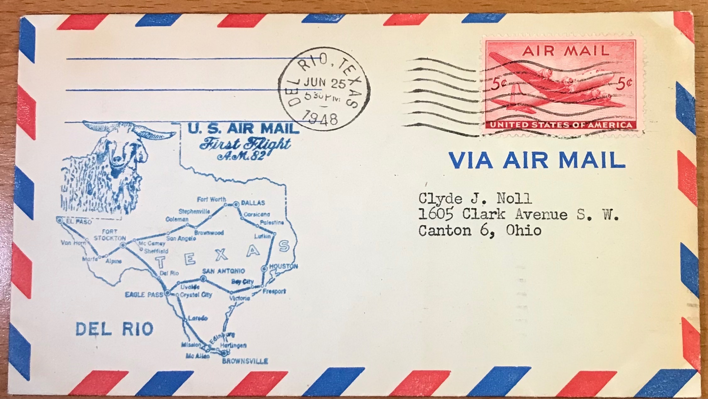 US C32 First Flight Cover FFC AM 82 Del Rio TX to El Paso TX 6/25/1948
