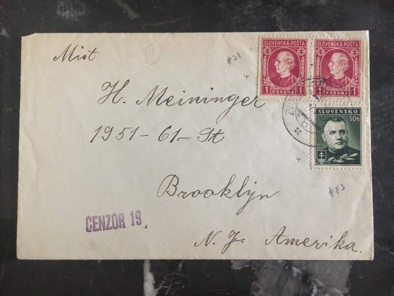 1939 Zvolen Slovakia Locally  Censored Cover to Brooklyn USA