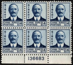 Canal Zone Sc 110 Blue 14¢ MNH Original Gum Btm Ctr Plate No. 136683 Block of 6